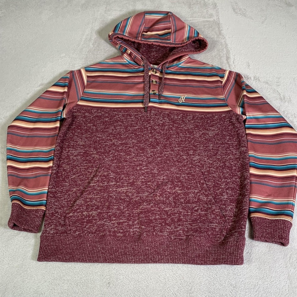 Hooey Hoodie Mens Medium Red Striped Henley Fleece Kangaroo Pocket Pullover